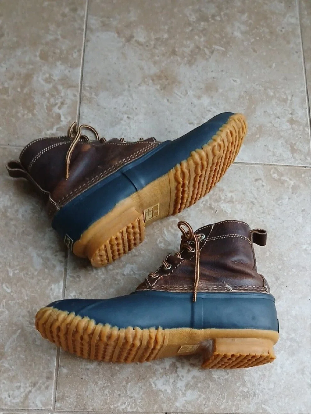 Eddie Bauer Brown Leather & Navy Rubber Duck Rain Chore Boots